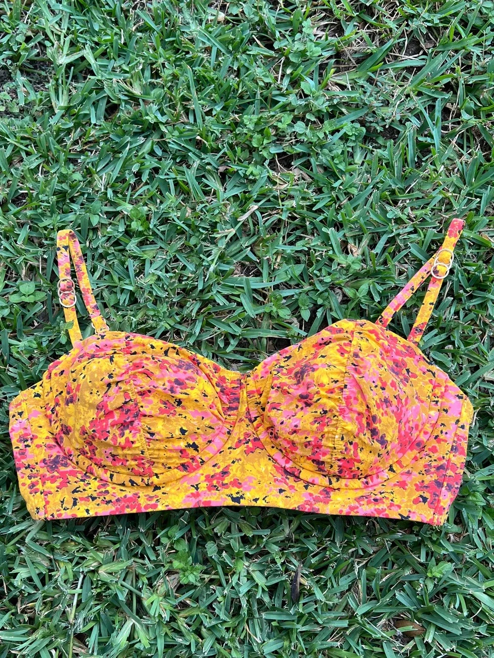 Lands End 10 medium mustard yellow gold dainty preppy floral bikini swimsuit top